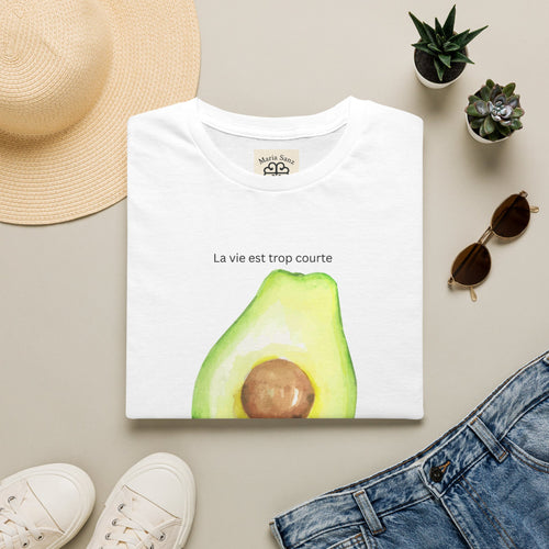 Avocado Graphic T-Shirt — “La vie est trop courte” French Vegan Tee